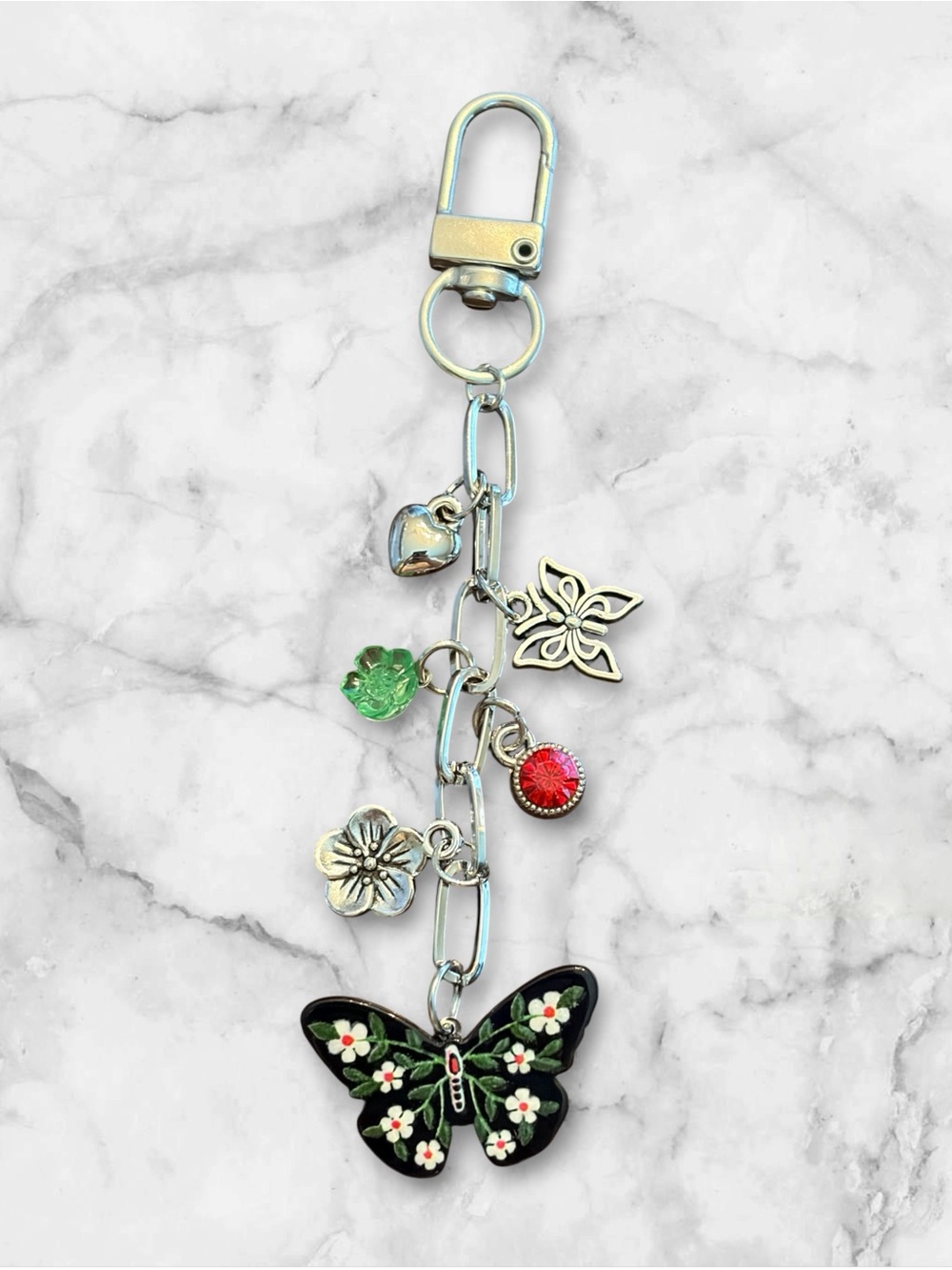 Butterfly Charm Keychain with Floral Charms - Black